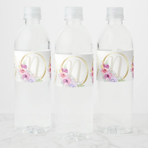 Monogram Name Colorful Pink Floral Golden Frame Water Bottle Label