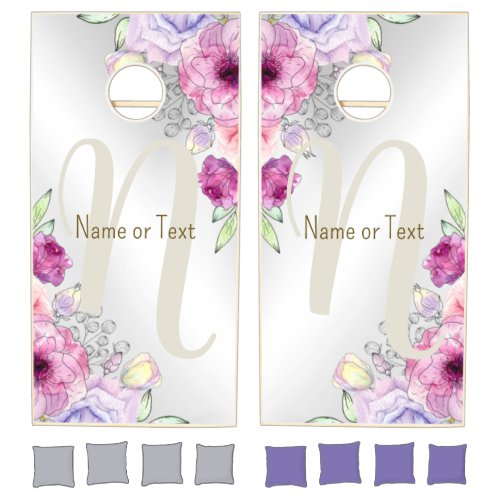 Monogram Name Colorful Pink Floral Silver Elegant Cornhole Set