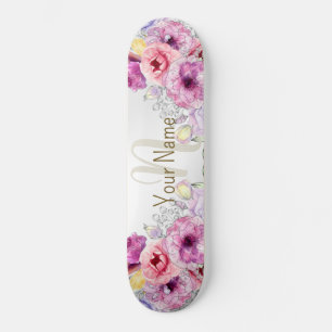 Monogram Name Colorful Pink Floral Silver Elegant Skateboard