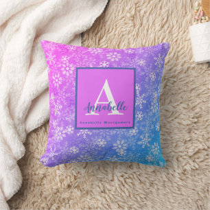 Monogram/Name Colorful Snowflake Pink Purple Blue Throw Pillow