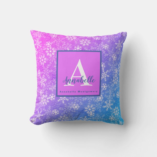 Monogram/Name Colorful Snowflake Pink Purple Blue Throw Pillow (Front)
