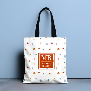 Monogram Name Colorful Watercolor Chic Polka Dot Tote Bag