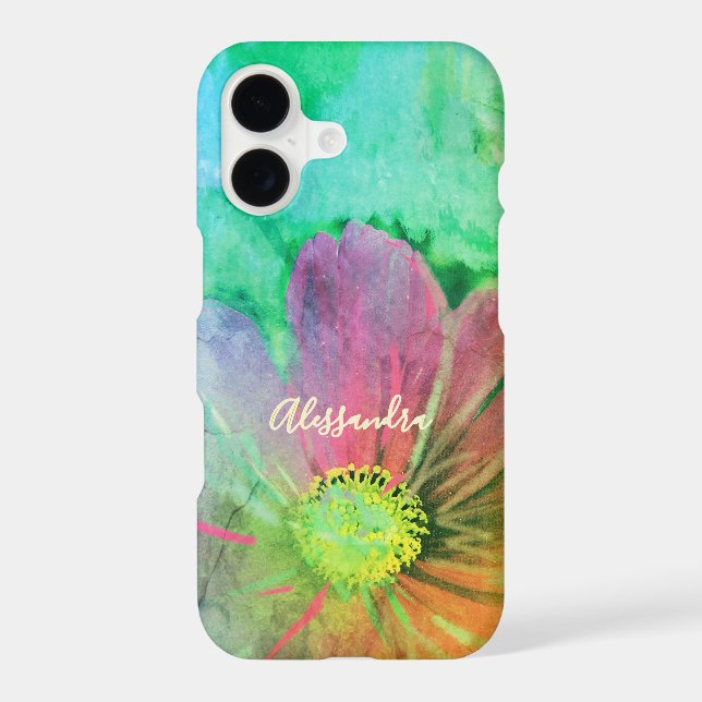 Monogram Name Colorful Watercolor Flower Botanical iPhone Case (Back)