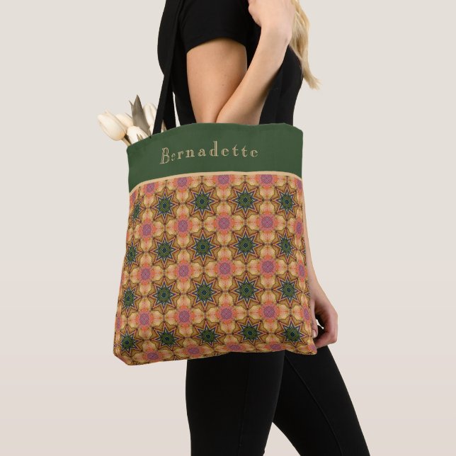 Monogram Name Coral Orange Green Star  Tote Bag (Close Up)