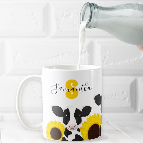 Monogram Name Cow Floral Sunflower Coffee Mug