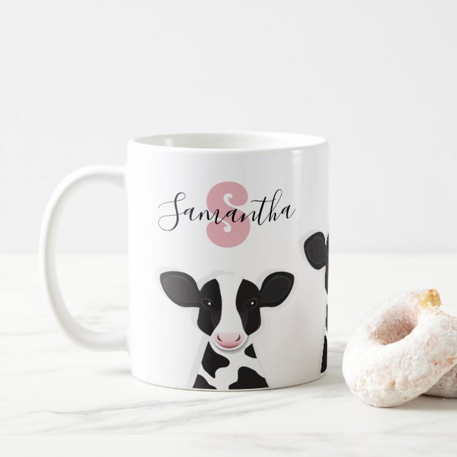 Monogram Name Cow Pink Black White Animal Coffee Mug (With Donut)