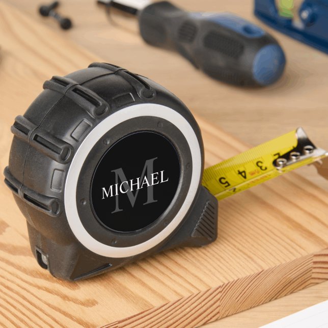 MONOGRAM NAME CUSTOM BLACK WHITE GRAY TAPE MEASURE (Monogrammed ADD YOUR NAME BLACK GRAY WHITE HANDYMAN CONSTRUCTOR CONTRUCTION TOOL)