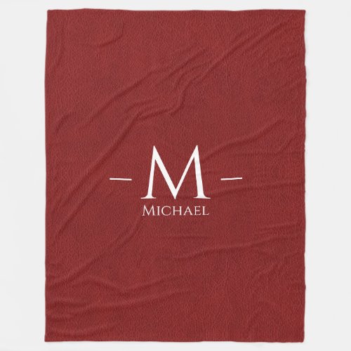 Monogram Name Custom Red Brown Leather Look Large Fleece Blanket