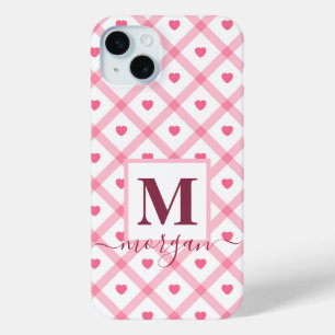 Monogram name Cute Girly Pink Heart  iPhone 15 Plus Case
