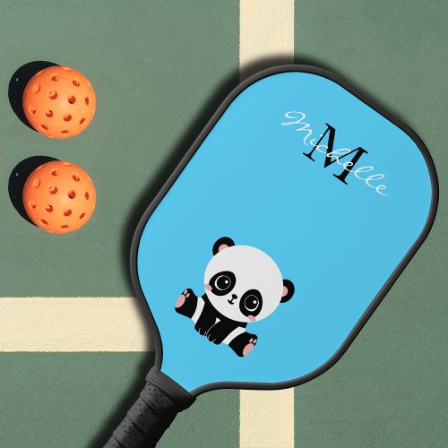 Monogram Name Cute Panda Simple Blue Pickleball Paddle