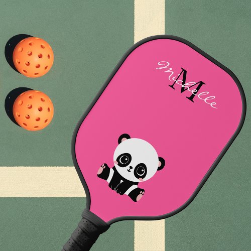 Monogram Name Cute Panda Simple Pink Pickleball Paddle