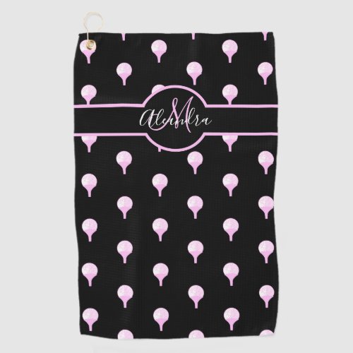 Monogram name Cute Pink Golf Ball on Tee  Black Go Golf Towel