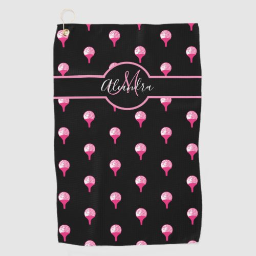 Monogram name Cute Pink Golf Ball on Tee  Black Golf Towel