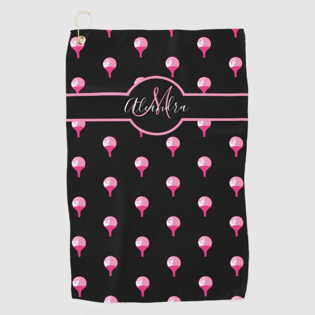 Monogram name Cute Pink Golf Ball on Tee  Black Towel (Front)