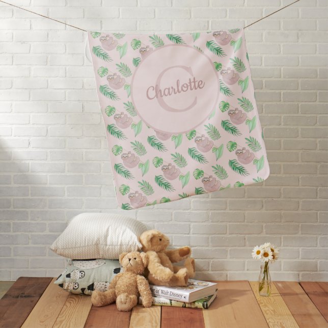 Monogram Name Cute Pink Sloth Baby Blanket (In Situ)
