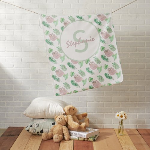 Monogram Name Cute Sloth Baby Blanket