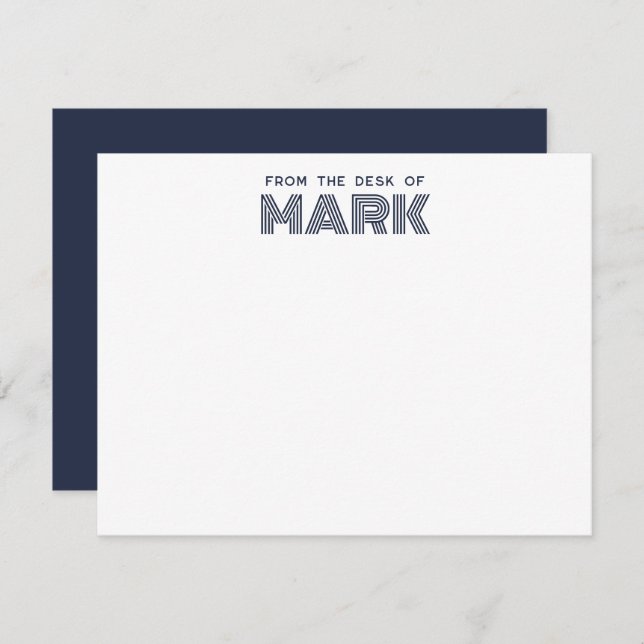 Monogram Name Dark Blue White Modern Stripes Note Card (Front/Back)