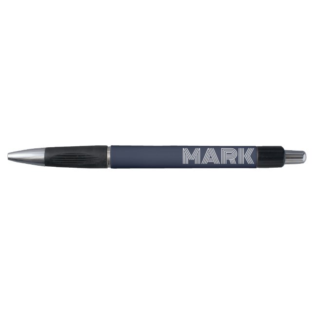 Monogram Name Dark Navy Blue White Modern Stripes Pen (Front)