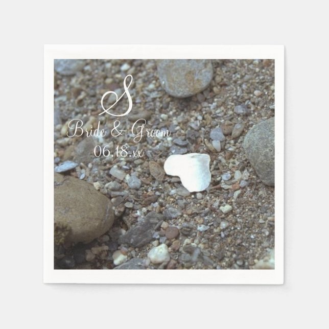 Monogram Name Date Beach Wedding Silver Heart Pape Napkins (Front)