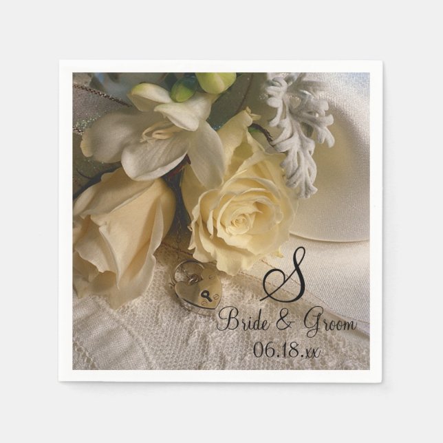 Monogram Name Date Bride Floral Wedding Bouquet Paper Napkins (Front)