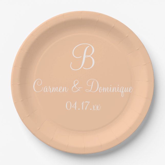 Monogram Name Date Deep Peach Paper Plates (Front)