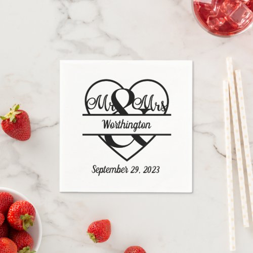 Monogram Name Date Heart Wedding Napkins