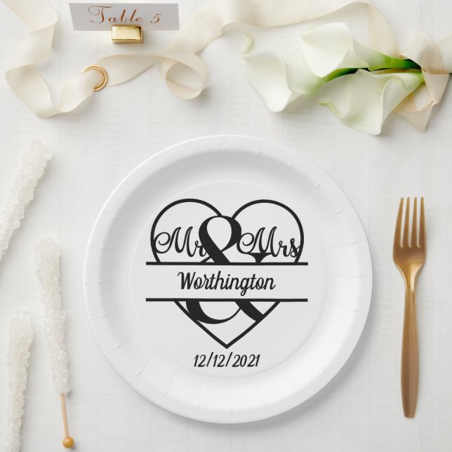 Monogram Name Date Heart Wedding  Paper Plates (Wedding)