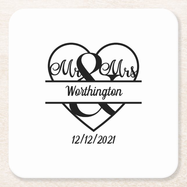 Monogram Name Date Heart Wedding Square Paper Coaster (Front)