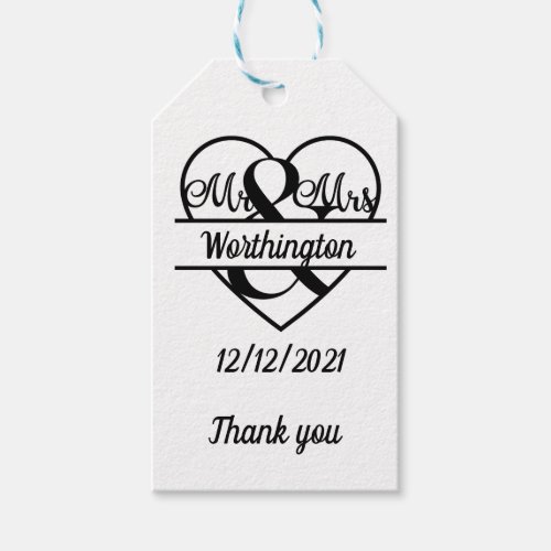 Monogram Name Date Heart Wedding Thank you Gift Tags