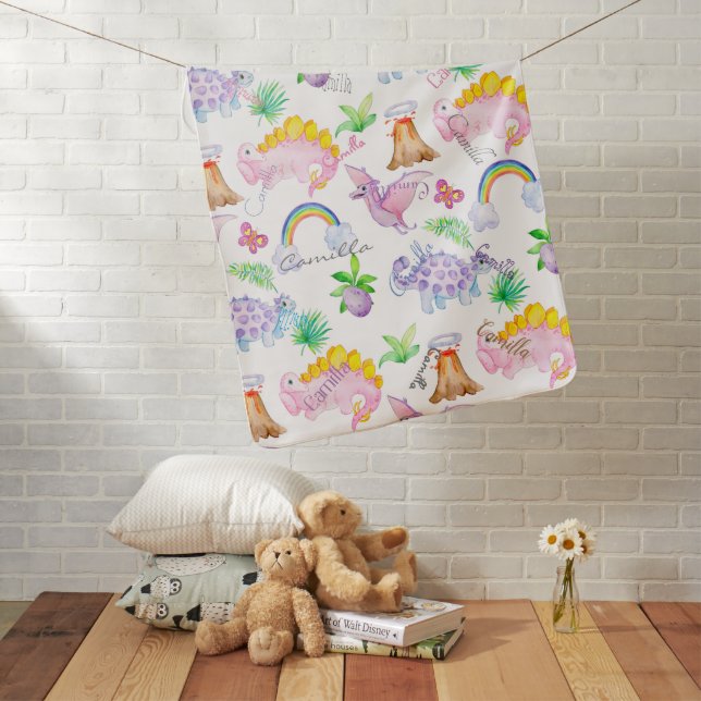 Monogram Name Dinosaur Girl Unicorn Baby Blanket (In Situ)