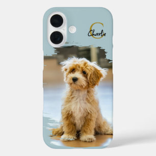 Monogram Name Dog Photo Pastel Blue Minimalist iPhone 16 Case