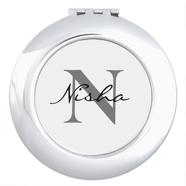 Monogram Name Elegant Black Grey Monogram Compact Mirror (Front)