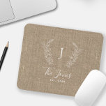 Monogram name elegant chic personalized mouse pad<br><div class="desc">Custom white botanical monogram and family name modern elegant chic rustic stylish dark beige burlap personalized mousepad.         A modern gift for weddings,  anniversaries,  Thanksgiving,  Christmas,  or any other occasion.</div>