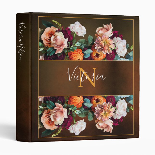 Monogram Name Elegant Floral Botanical Rustic  3 Ring Binder (Front/Spine)