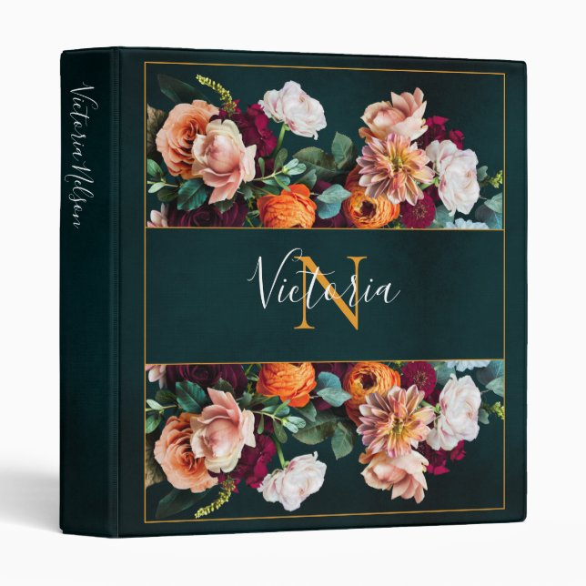 Monogram Name Elegant Floral Botanical Rustic 3 Ring Binder (Front/Spine)