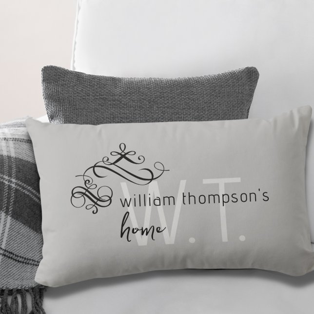Monogram Name Elegant Home Decor Gray Lumbar Pillo Pillow (Creator Uploaded)