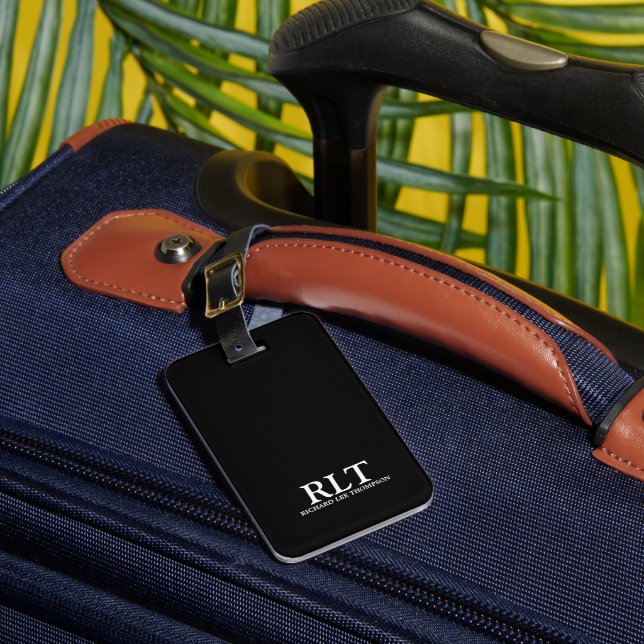 Monogram Name Elegant Minimal Black Luggage Tag (Front Insitu 1)