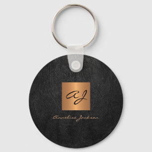 Monogram name elegant modern black gold  keychain