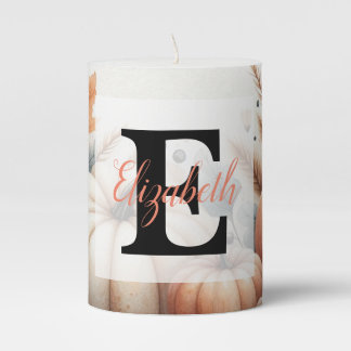 Monogram name Fall pumpkins in pastels watercolor Pillar Candle