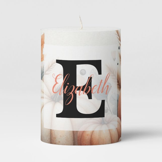 Monogram name Fall pumpkins in pastels watercolor  Pillar Candle (Front)