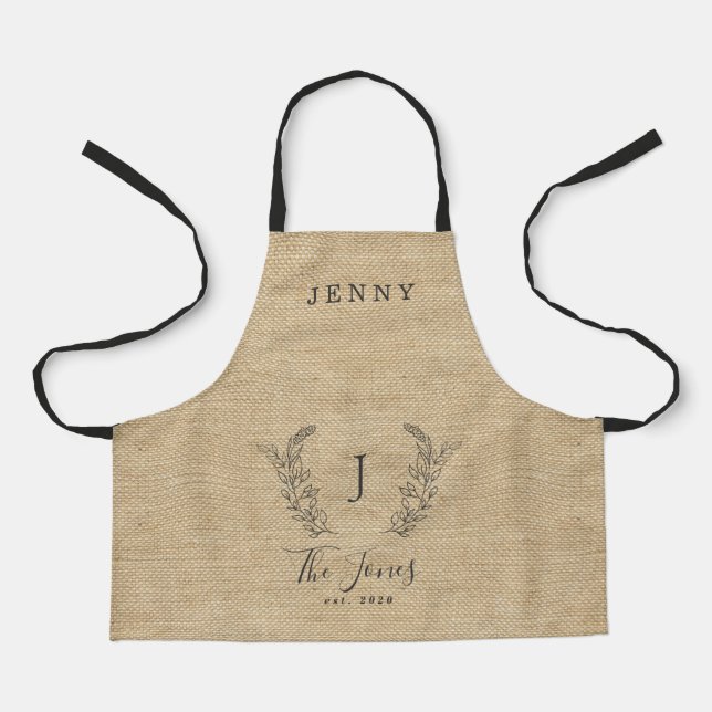 Monogram name family personalized elegant rustic apron (Front)
