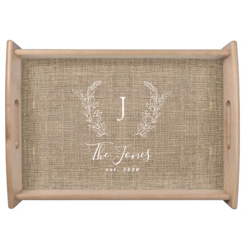 Monogram name family personalized rustic burlap serving tray