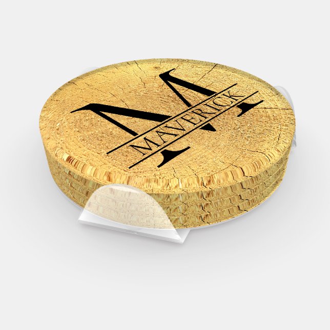 Monogram Name Faux Natural Wood Texture Coaster Set (Set)