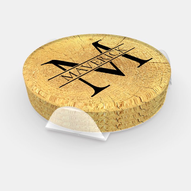 Monogram Name Faux Natural Wood Texture Coaster Set (Set)