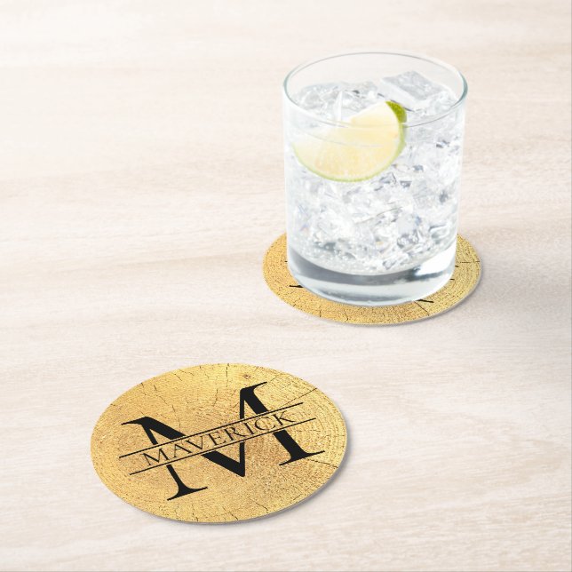 Monogram Name Faux Natural Wood Texture Round Paper Coaster (Insitu)