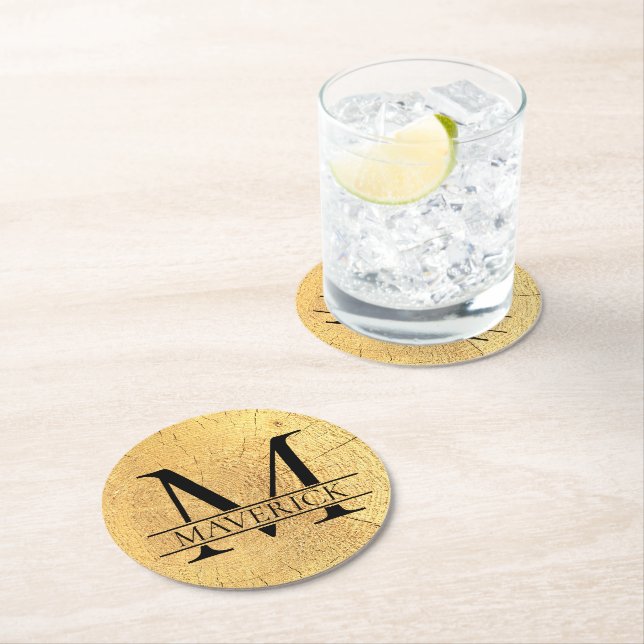 Monogram Name Faux Natural Wood Texture Round Paper Coaster (Insitu)