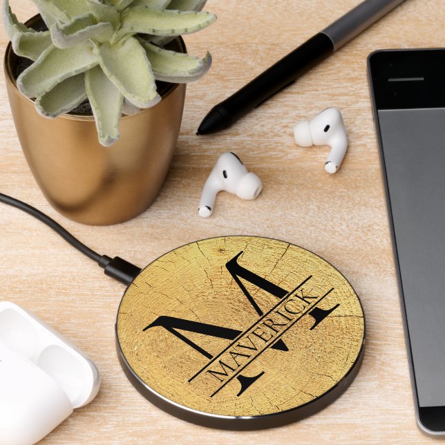 Monogram Name Faux Natural Wood Texture Wireless Charger (Desk 2)