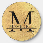 Monogram Name Faux Natural Wood Texture Wireless Charger (Front)