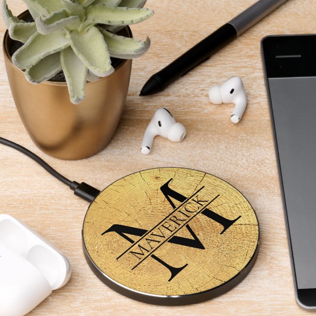Monogram Name Faux Natural Wood Texture Wireless Charger (Desk 2)