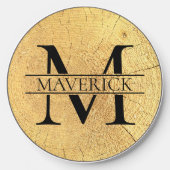 Monogram Name Faux Natural Wood Texture Wireless Charger (Front)